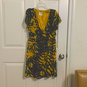 Patterned, mustard yellow and teal yellow dress, wrinkle free no need to iron